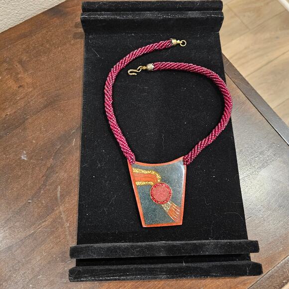 Vintage Lee Sands Mosaic Shell Necklace 1980s Retro Red Necklace - Picture 2 of 4